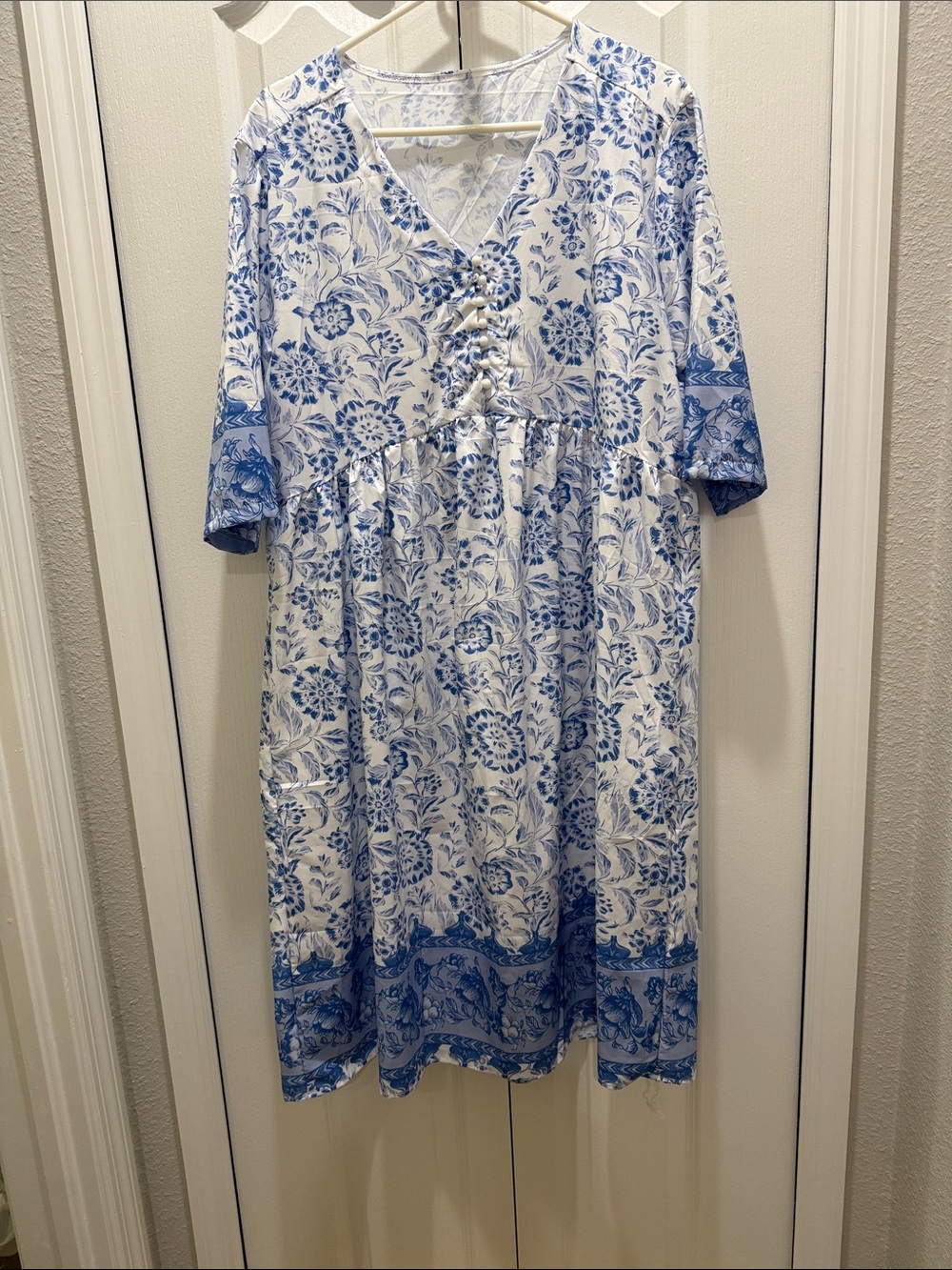 Blue & White Floral Maxi Dress with Lace-Up Bodice